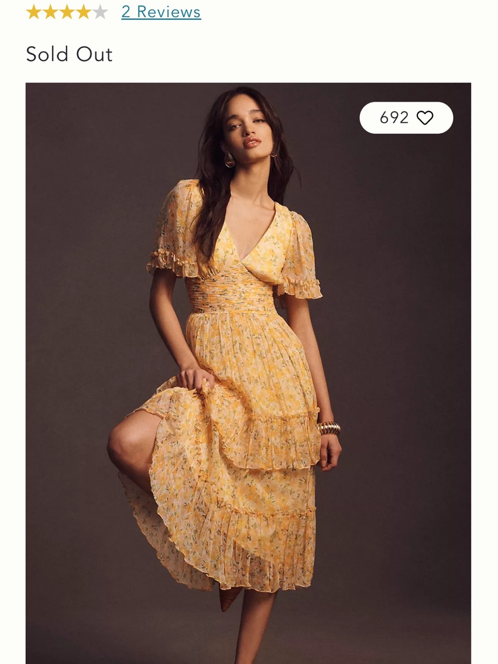 BHLDN by anthropology Naomi dress Yellow Floral V-Neck Ruffle Tiered Midi Dress - Picture 4 of 5